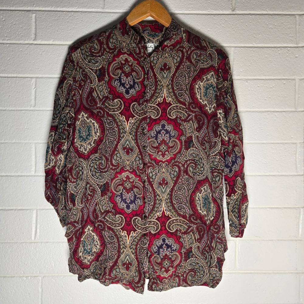 Kathryn Deene Womens Button Shirt Paisley 14/16 Multicolor Rayon Top Retro
